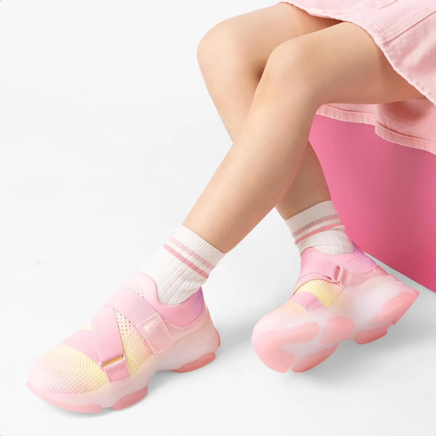 DREAM PAIRS Kids Sneakers Girls Slip-On Shoes Z-Strap Colorful Jelly Sole Walking Shoes