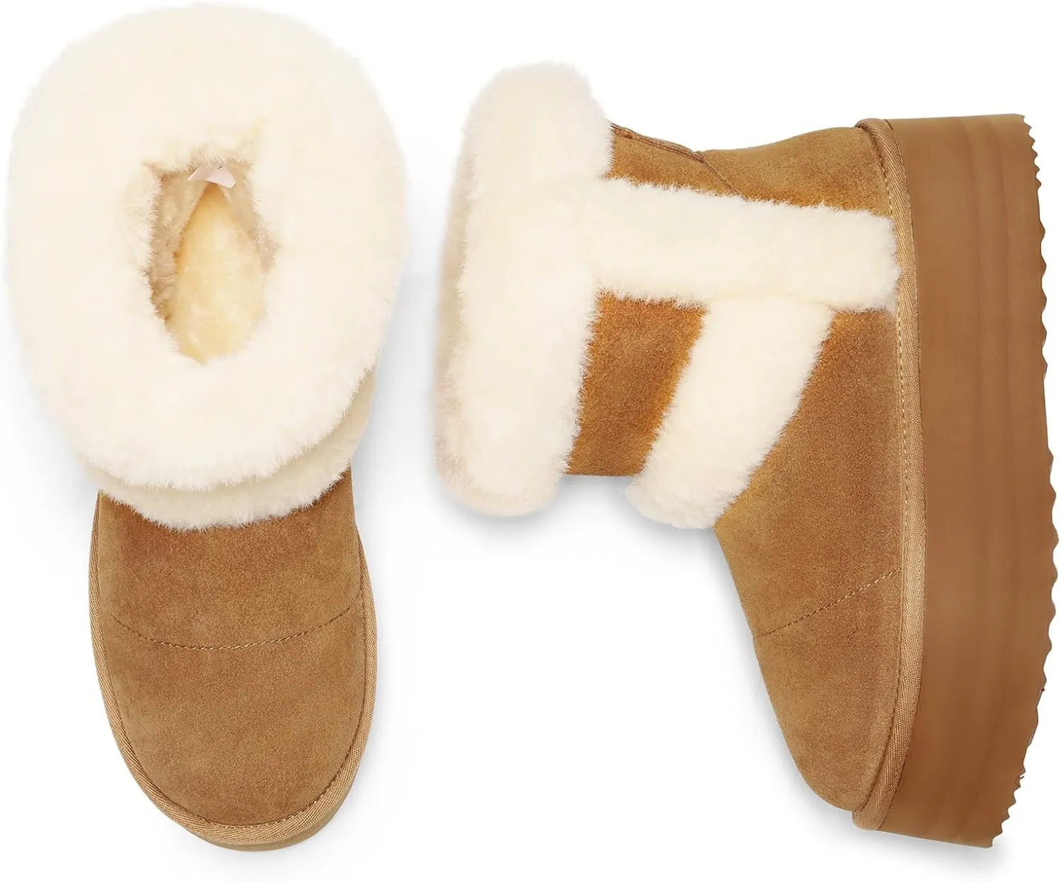 DREAM PAIRS Winter Platform Fur Boots for Women Genuine Suede Faux Fur Snow Booties Classic Warm Slip-On Memory Foam Comfort FuzzyChic Plush Platform Ankle Boots