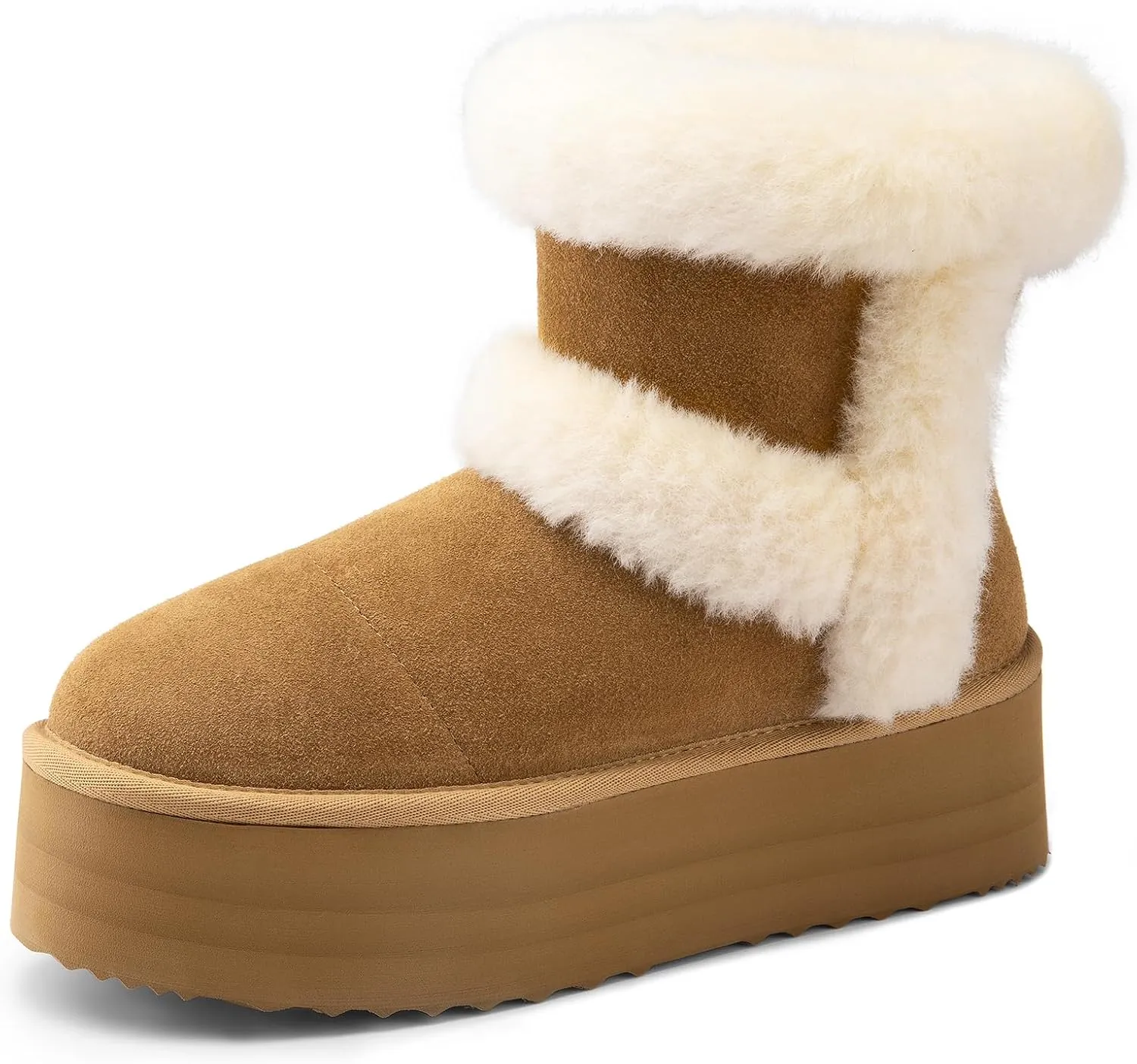 DREAM PAIRS Winter Platform Fur Boots for Women Genuine Suede Faux Fur Snow Booties Classic Warm Slip-On Memory Foam Comfort FuzzyChic Plush Platform Ankle Boots