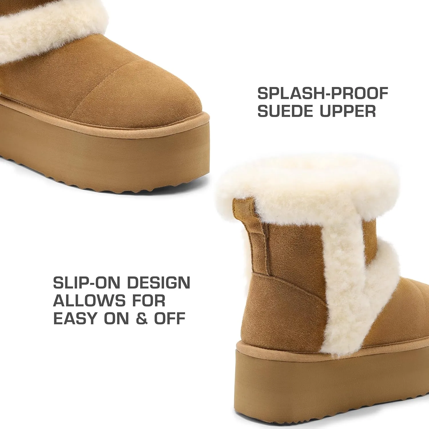 DREAM PAIRS Winter Platform Fur Boots for Women Genuine Suede Faux Fur Snow Booties Classic Warm Slip-On Memory Foam Comfort FuzzyChic Plush Platform Ankle Boots