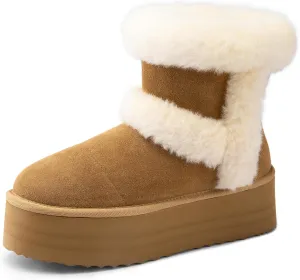 DREAM PAIRS Winter Platform Fur Boots for Women Genuine Suede Faux Fur Snow Booties Classic Warm Slip-On Memory Foam Comfort FuzzyChic Plush Platform Ankle Boots