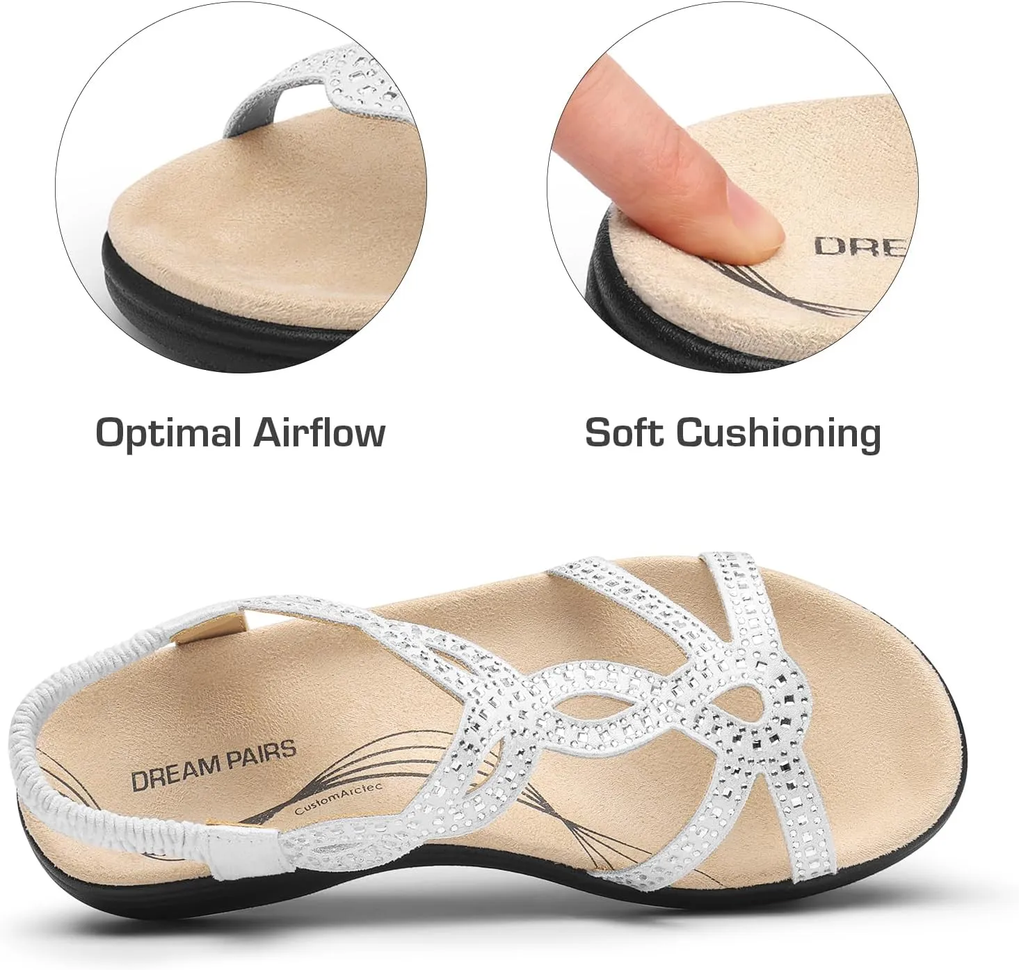 DREAM PAIRS Women's Comfort Dressy Rhinestone Summer Beach Sandals Slip-on Flat Walking Orthopedic Sandals with Elastica Back Strap