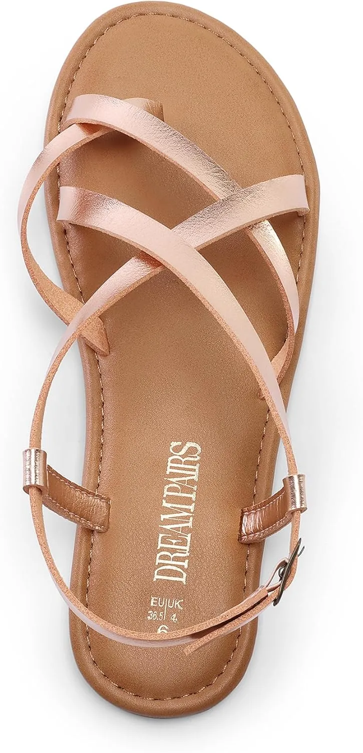 DREAM PAIRS Women's Flat Sandals Strappy Dressy Comfortable Ankle Strap Casual Summer Thong Sandals for Beach