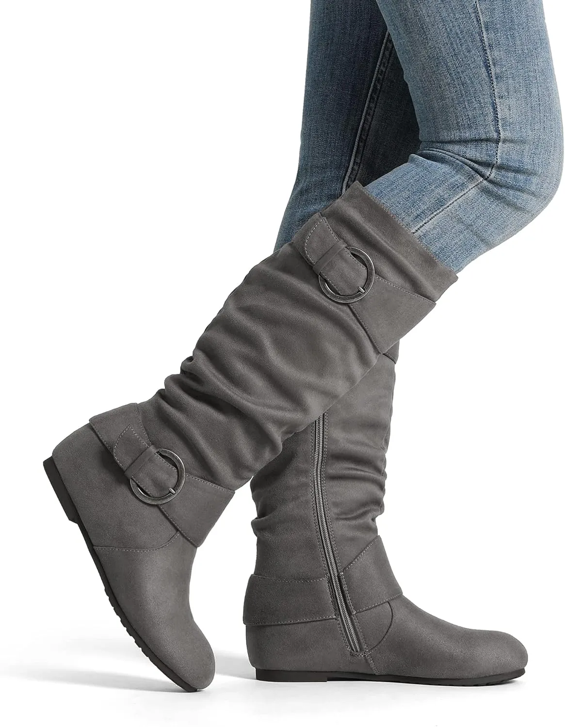 DREAM PAIRS Women's Knee High Low Hidden Wedge Boots Suede Faux Fur Lining Side Zipper Knee High Boots
