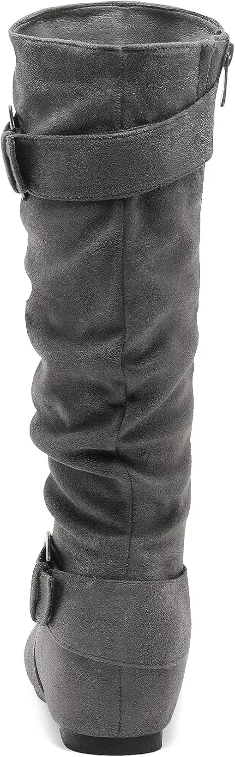 DREAM PAIRS Women's Knee High Low Hidden Wedge Boots Suede Faux Fur Lining Side Zipper Knee High Boots