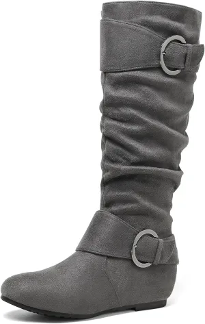 DREAM PAIRS Women's Knee High Low Hidden Wedge Boots Suede Faux Fur Lining Side Zipper Knee High Boots