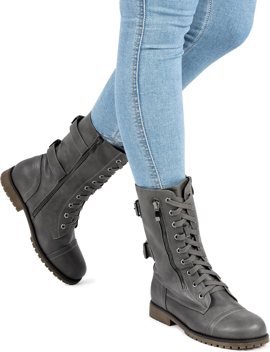DREAM PAIRS Women's Mid Calf Built-in Wallet Pocket Lace up Military Combat Boots