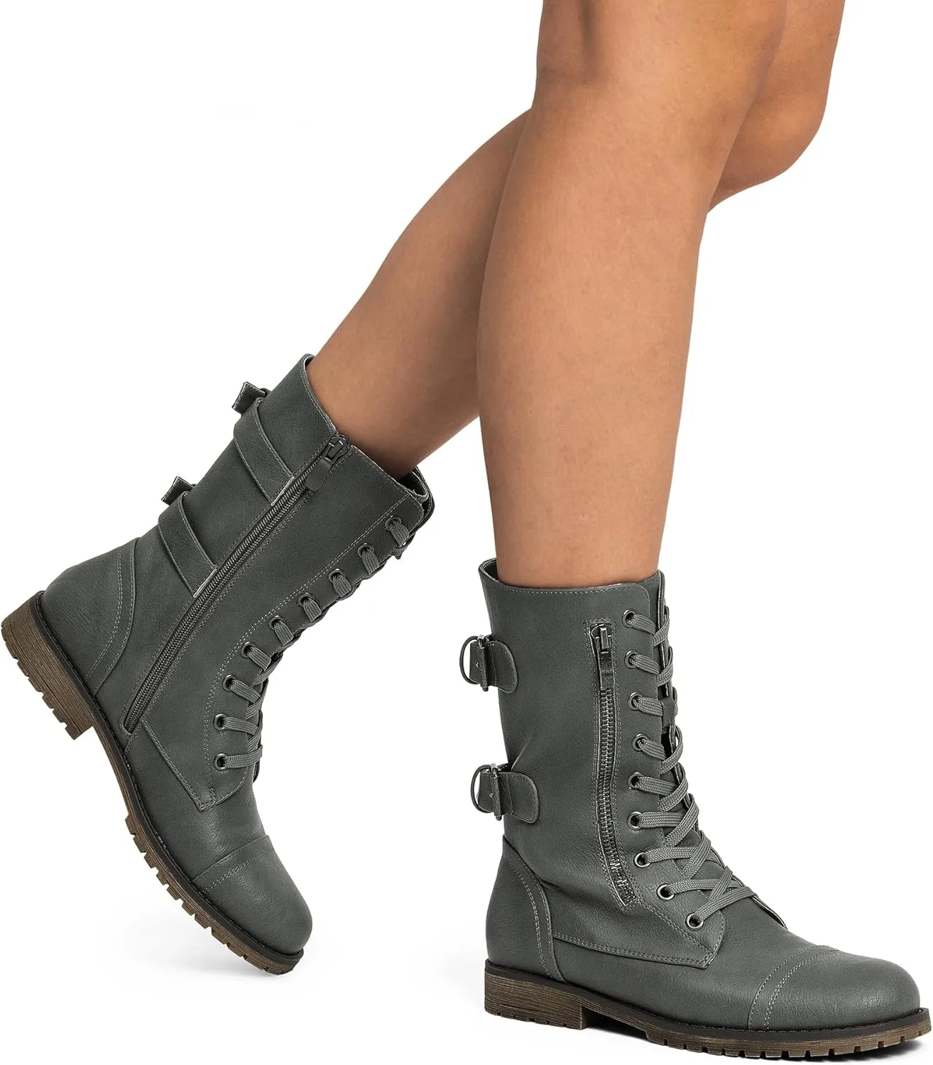 DREAM PAIRS Women's Mid Calf Built-in Wallet Pocket Lace up Military Combat Boots