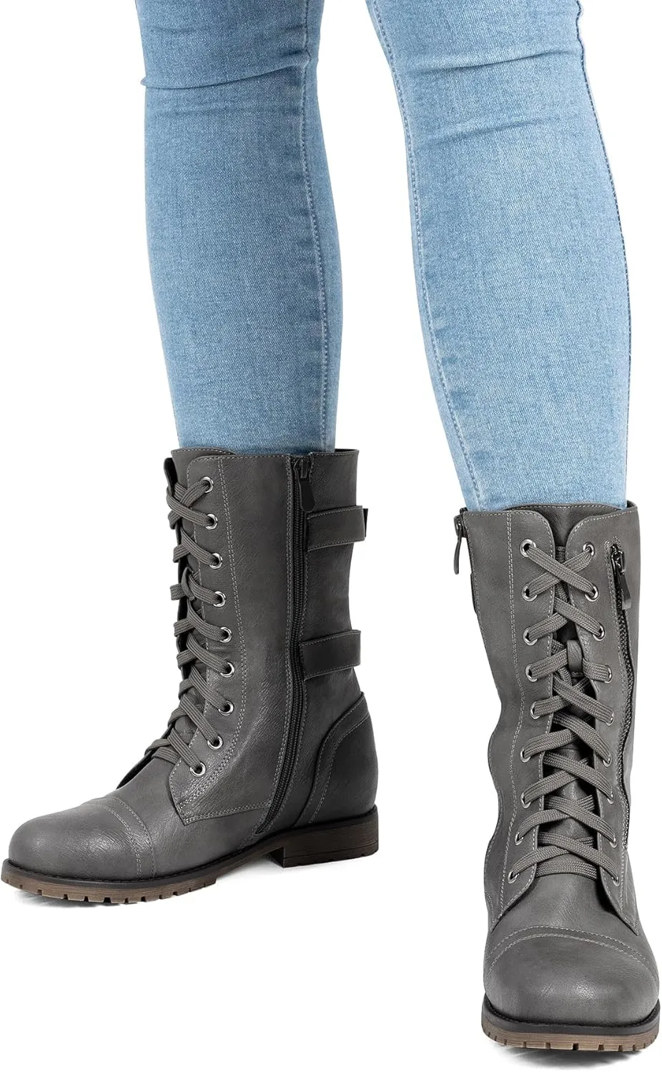 DREAM PAIRS Women's Mid Calf Built-in Wallet Pocket Lace up Military Combat Boots