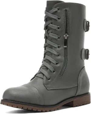 DREAM PAIRS Women's Mid Calf Built-in Wallet Pocket Lace up Military Combat Boots