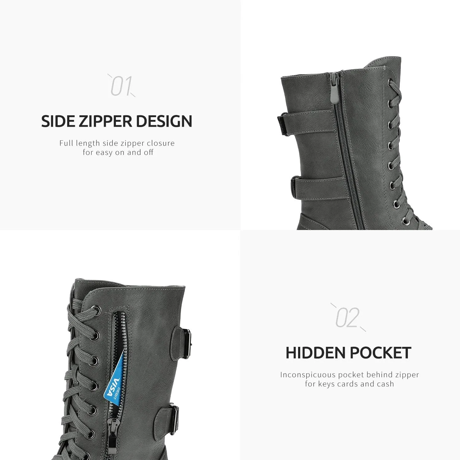 DREAM PAIRS Women's Mid Calf Built-in Wallet Pocket Lace up Military Combat Boots