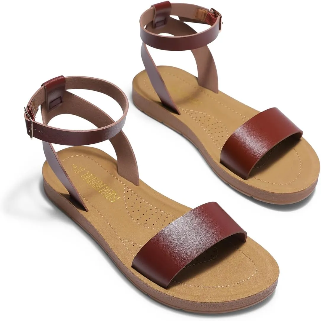 DREAM PAIRS Women’s One Band Ankle Strap Buckle Flat Sandals