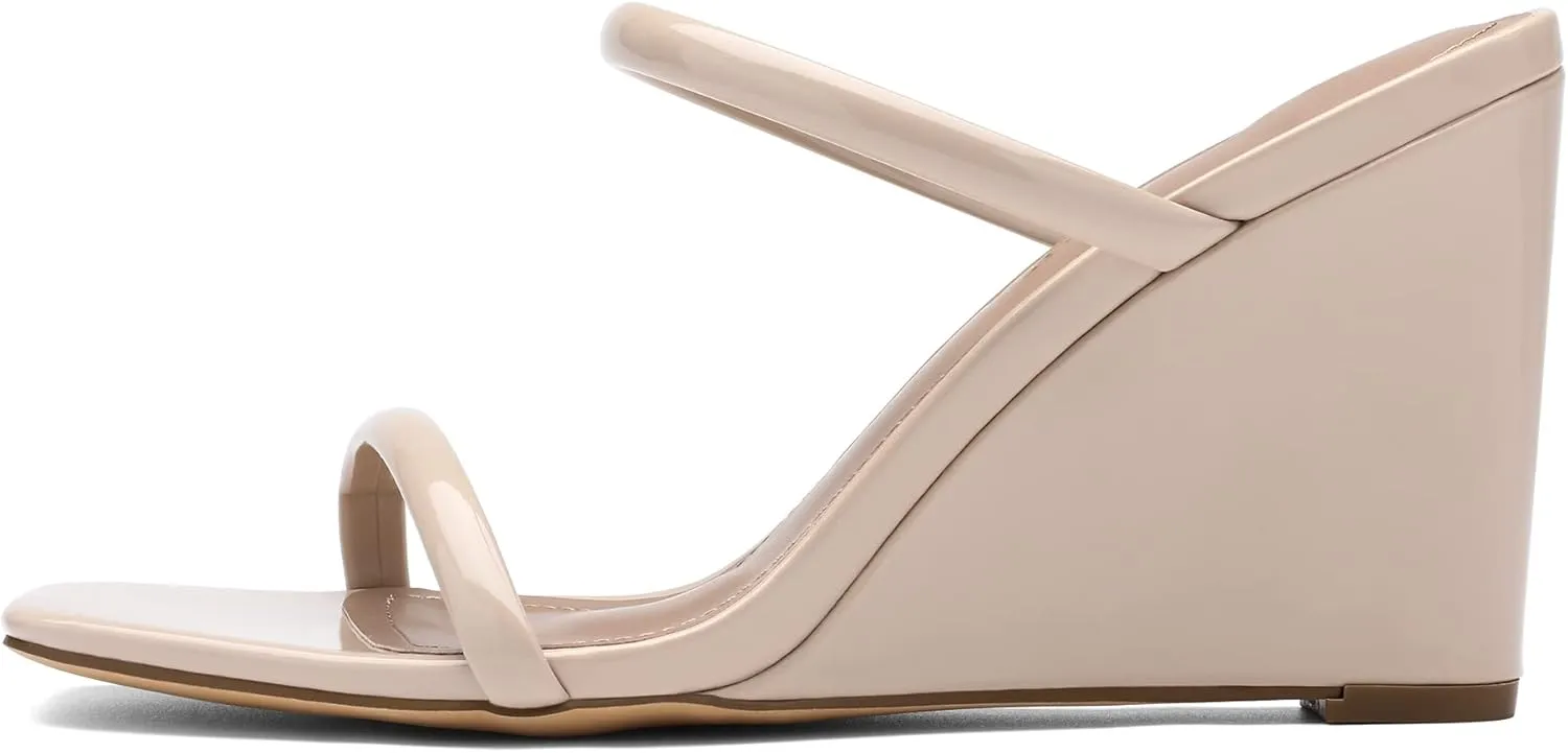 DREAM PAIRS Women's Slides Wedge Sandals Two Strap Square Open Toe Dress Shoes