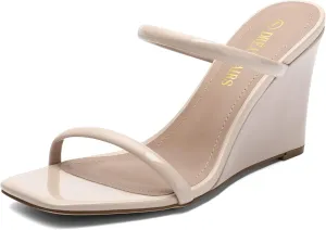 DREAM PAIRS Women's Slides Wedge Sandals Two Strap Square Open Toe Dress Shoes