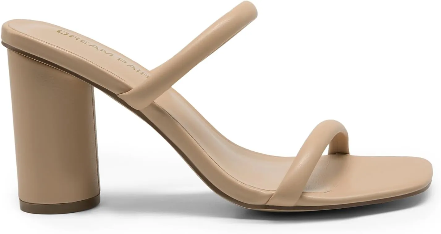 DREAM PAIRS Women's Square Open Toe Block Heels Two Strap Slip On High Heeled Slides Sandals