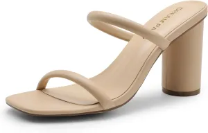 DREAM PAIRS Women's Square Open Toe Block Heels Two Strap Slip On High Heeled Slides Sandals