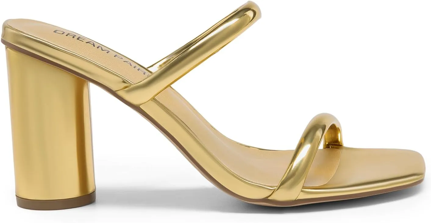 DREAM PAIRS Women's Square Open Toe Block Heels Two Strap Slip On High Heeled Slides Sandals