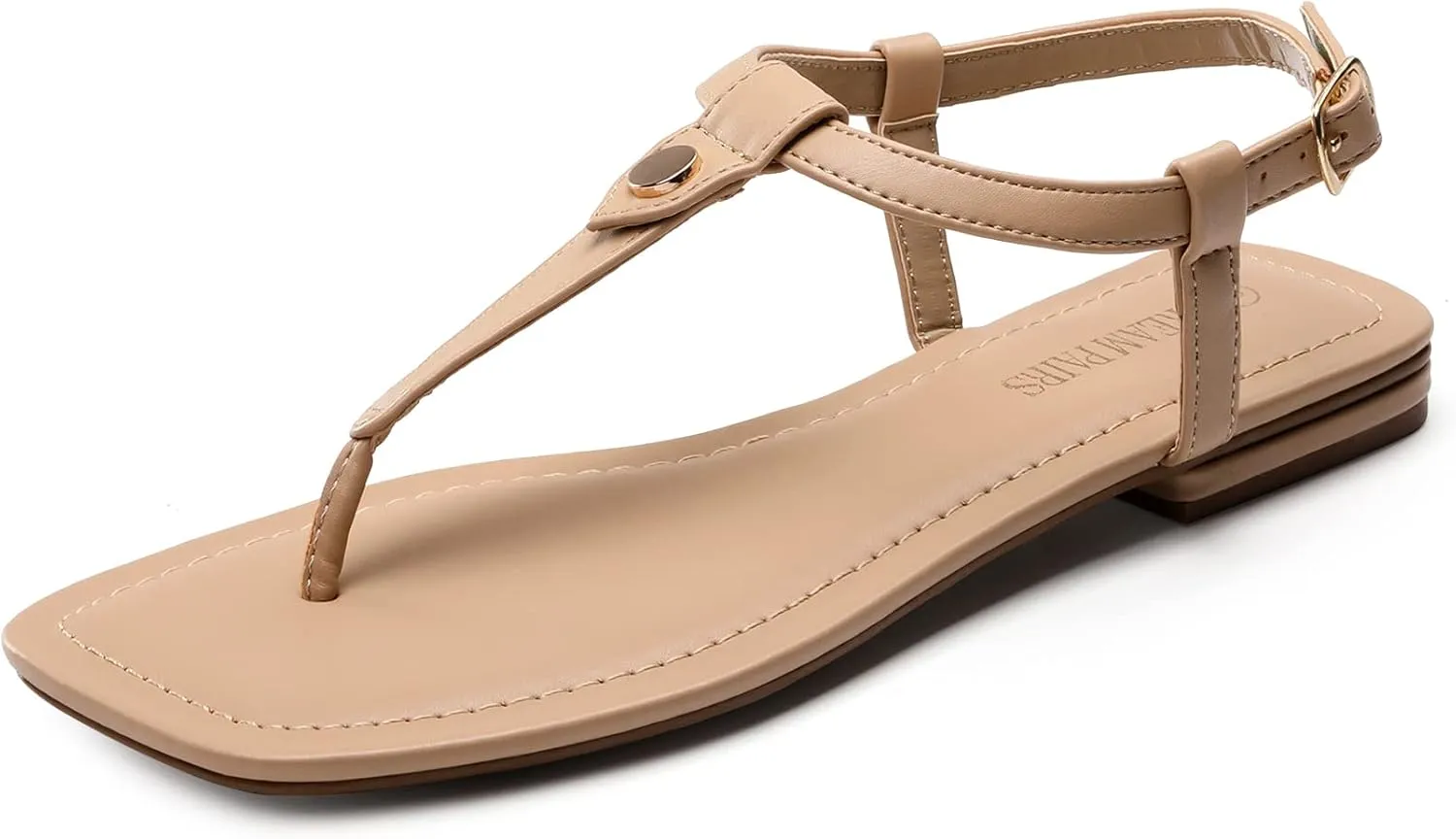 DREAM PAIRS Women's T-Strap Thong Flat Sandals with Cute Square Toe Strappy for Summer