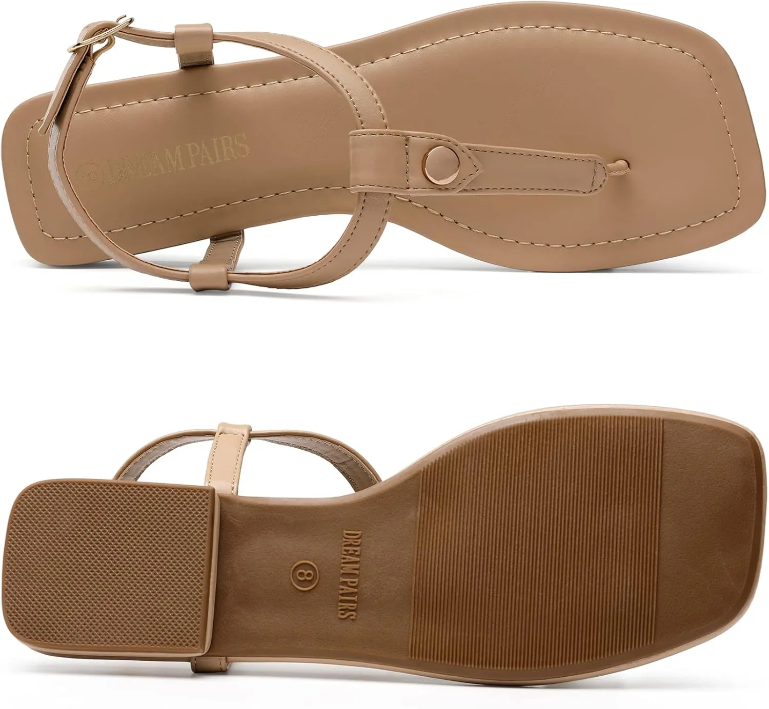 DREAM PAIRS Women's T-Strap Thong Flat Sandals with Cute Square Toe Strappy for Summer