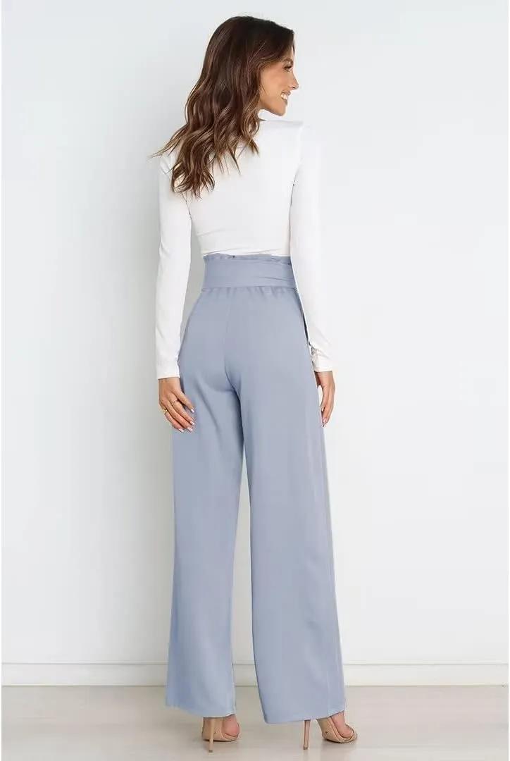 Dress Pants Women,Wide Leg Pants for Women,Smocked Waist Pants with Belt,Loose Straight Leg Flatting Pants
