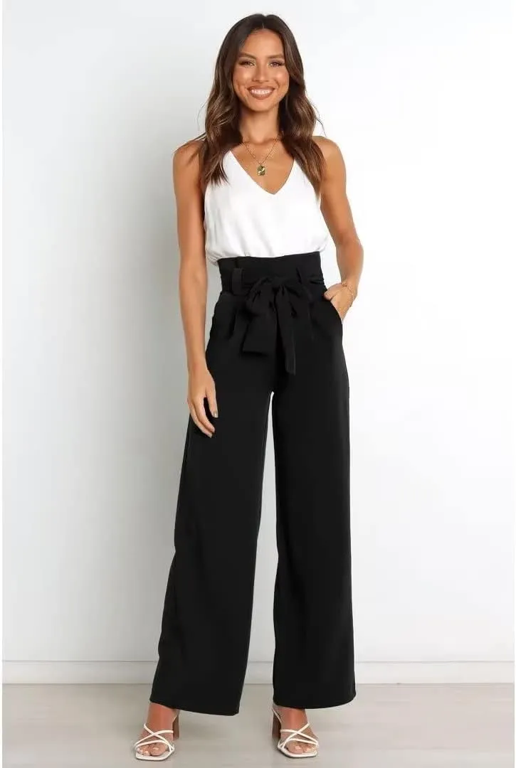 Dress Pants Women,Wide Leg Pants for Women,Smocked Waist Pants with Belt,Loose Straight Leg Flatting Pants