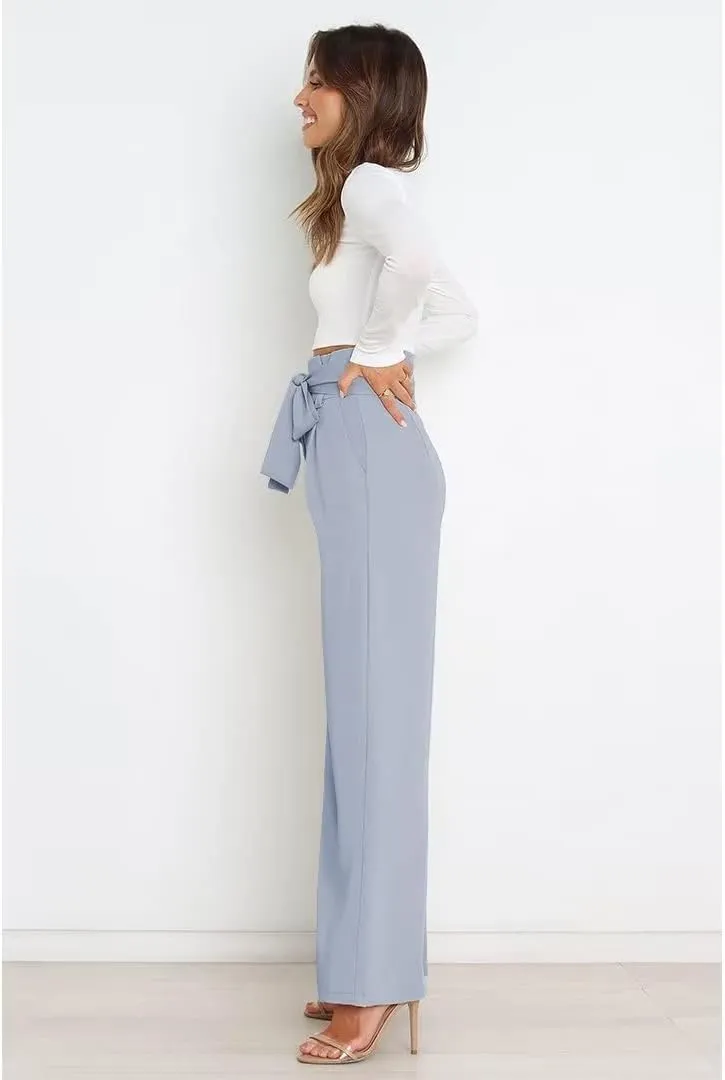 Dress Pants Women,Wide Leg Pants for Women,Smocked Waist Pants with Belt,Loose Straight Leg Flatting Pants