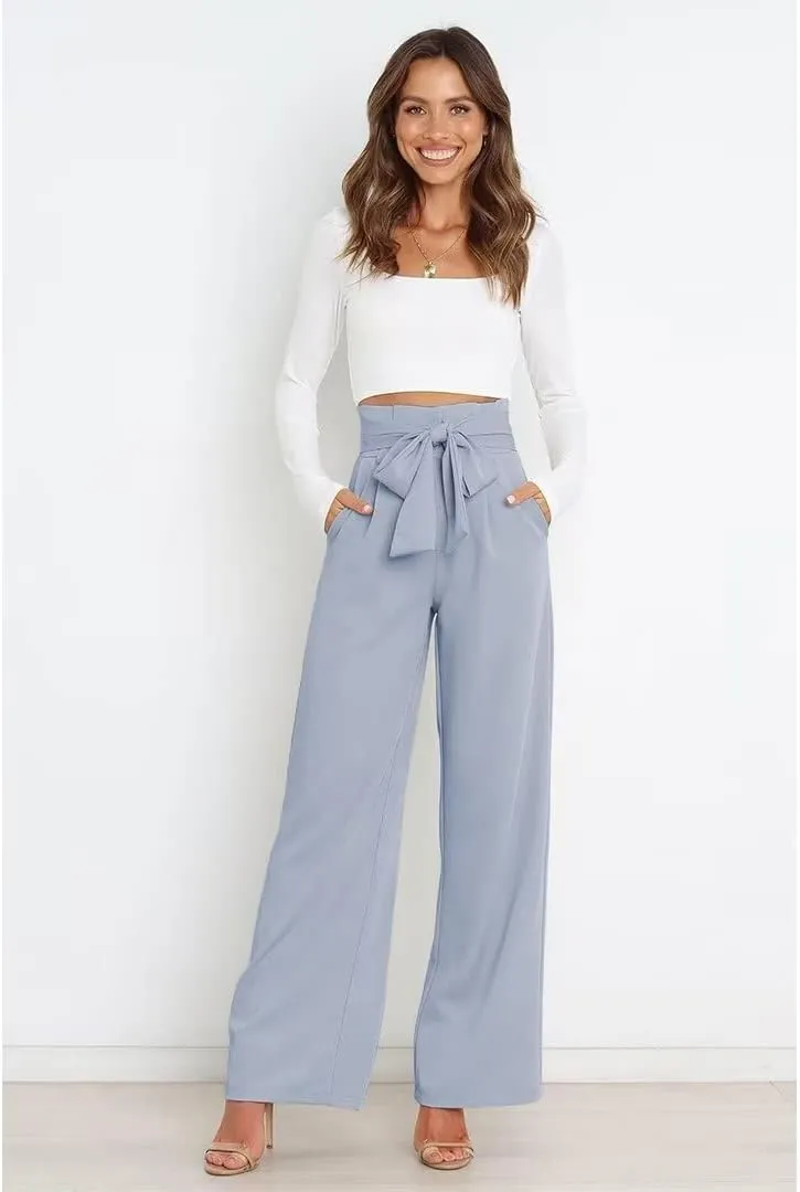 Dress Pants Women,Wide Leg Pants for Women,Smocked Waist Pants with Belt,Loose Straight Leg Flatting Pants
