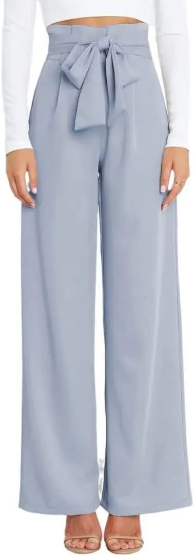 Dress Pants Women,Wide Leg Pants for Women,Smocked Waist Pants with Belt,Loose Straight Leg Flatting Pants