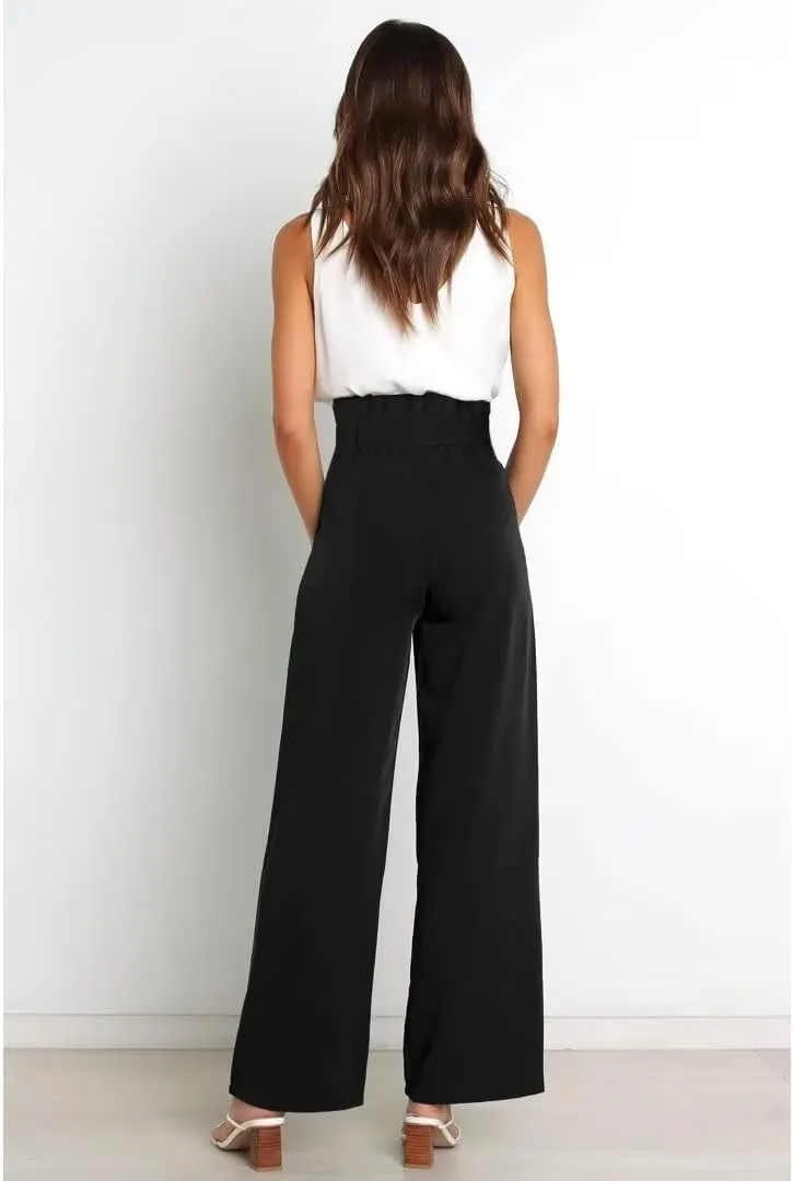 Dress Pants Women,Wide Leg Pants for Women,Smocked Waist Pants with Belt,Loose Straight Leg Flatting Pants
