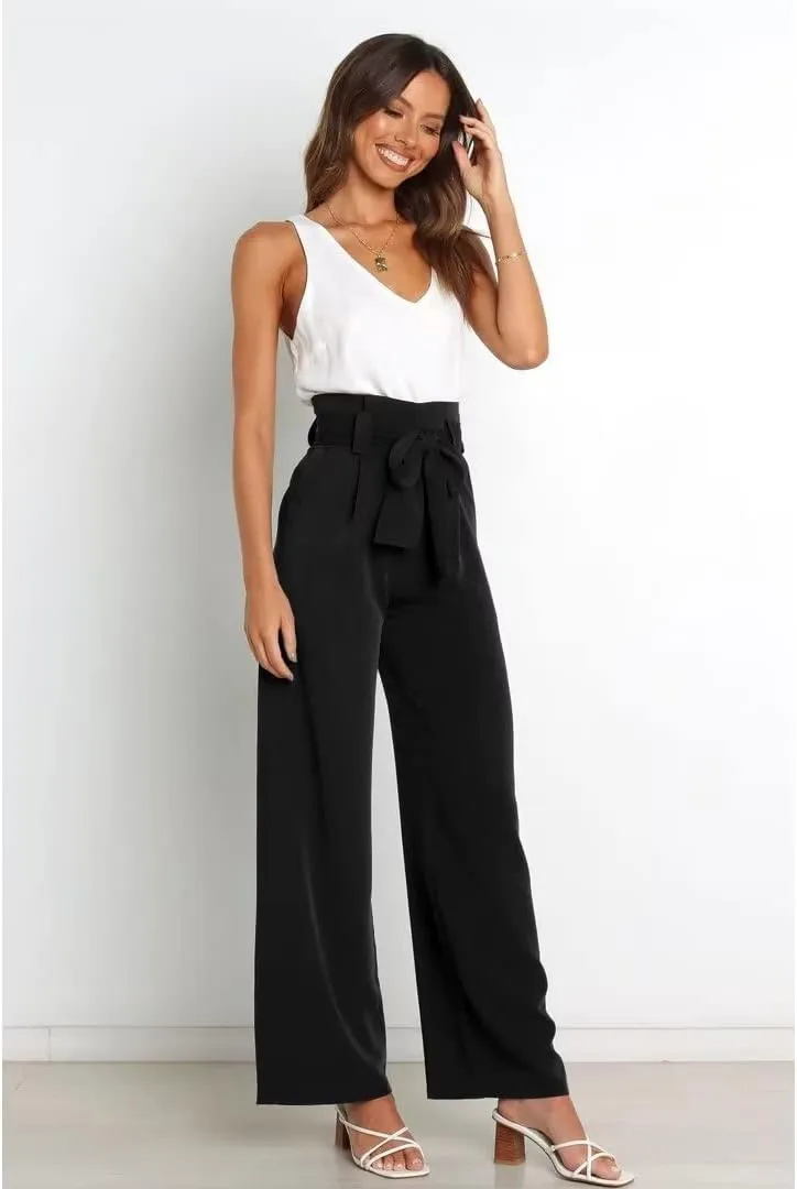 Dress Pants Women,Wide Leg Pants for Women,Smocked Waist Pants with Belt,Loose Straight Leg Flatting Pants