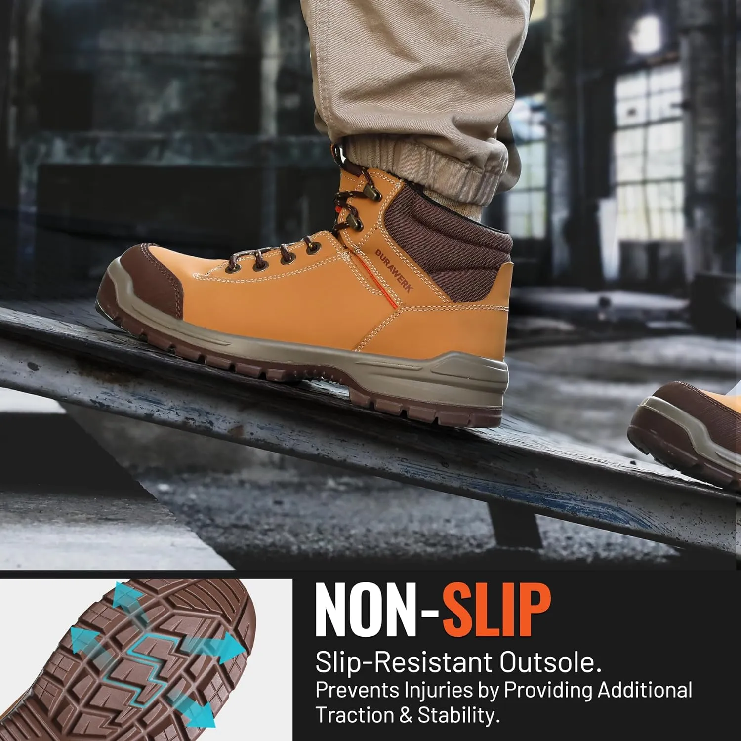 DURAWERK Steel Toe Shoes for Men, Light Comfortable High Top Work Boots, Non-Slip Safety Shoes for Men with Wide Toe Box, Indestructible Leather Construction Boots