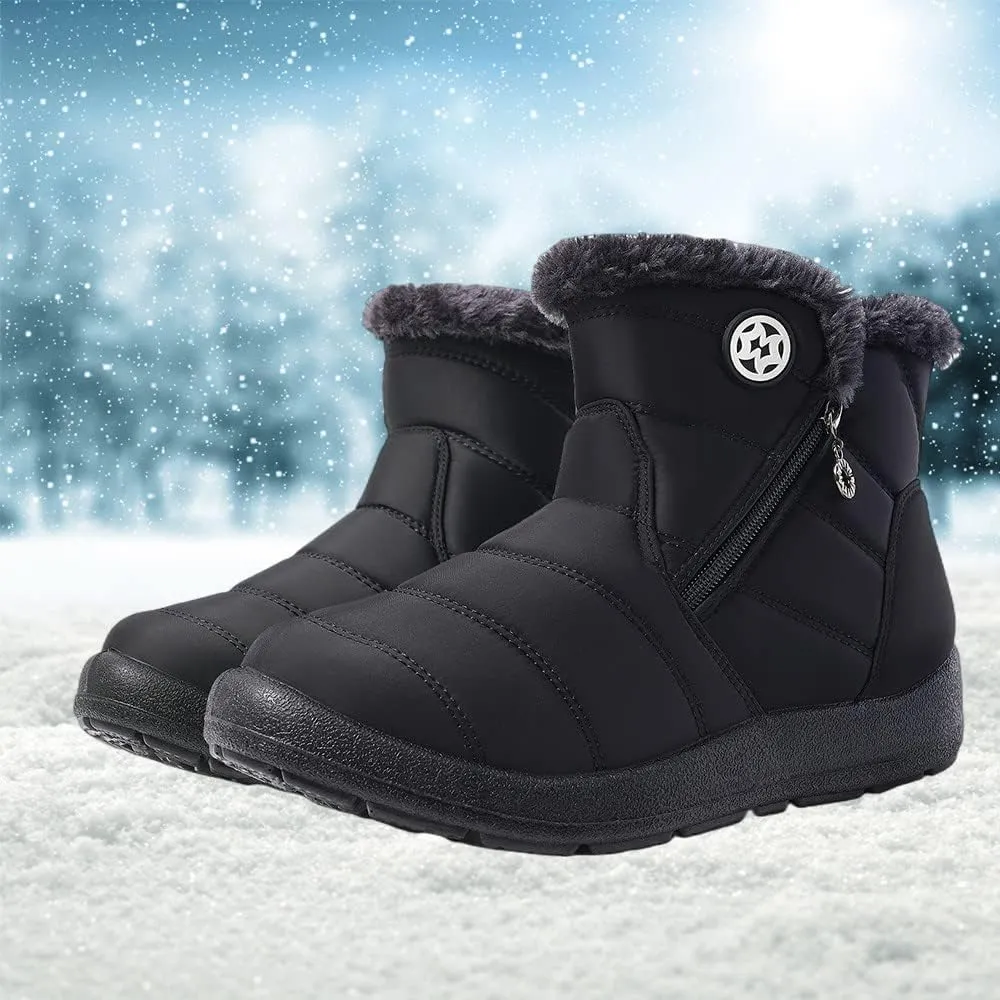 Eagsouni Snow Boots Womens Winter Ankle Boots Ladies Warm Fur Lined Booties Thickening Shoes Zip Flat Sneakers Outdoor Booties