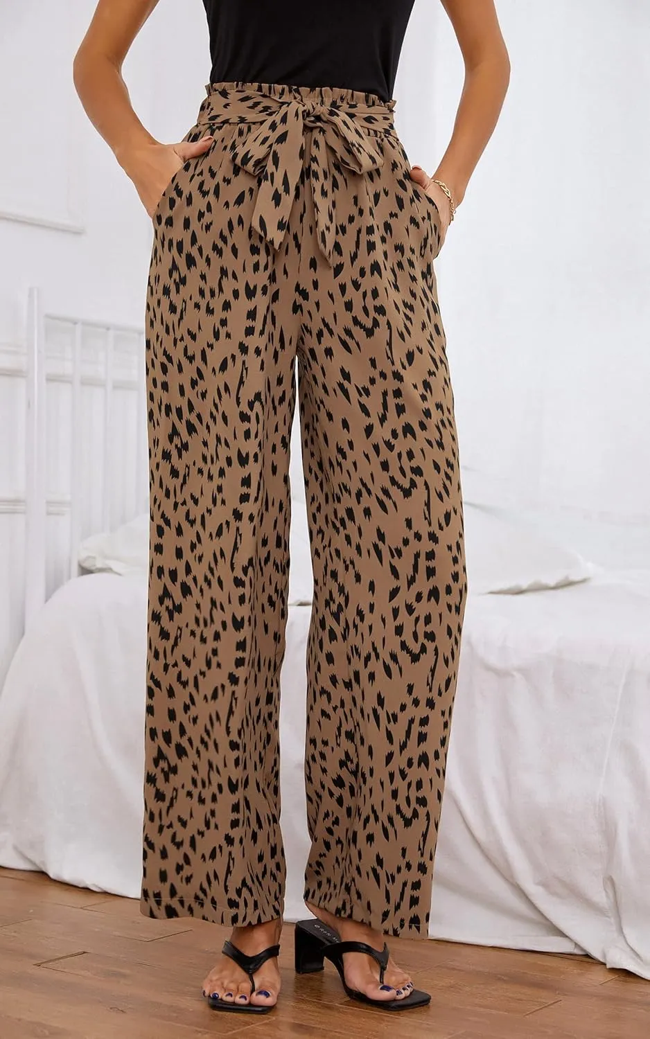 ECOWISH Palazzo Pants for Women Casual 2025 Summer Loose Baggy Wide Leg Flowy High Waisted Polka Dot Trouser with Belt Pocket
