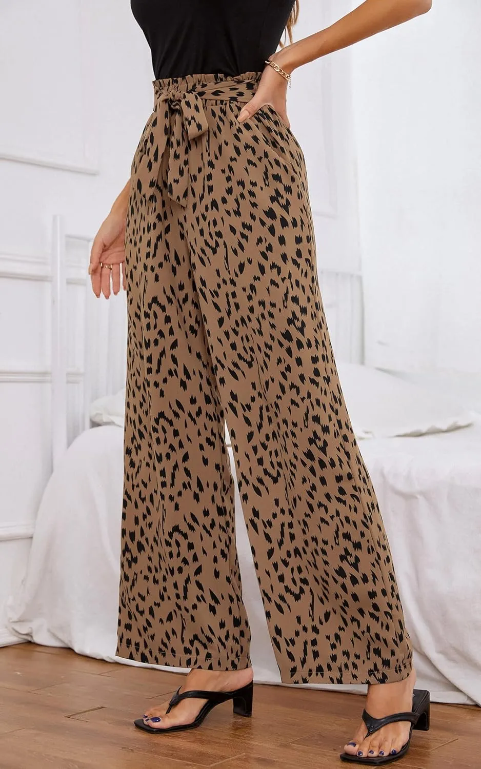 ECOWISH Palazzo Pants for Women Casual 2025 Summer Loose Baggy Wide Leg Flowy High Waisted Polka Dot Trouser with Belt Pocket