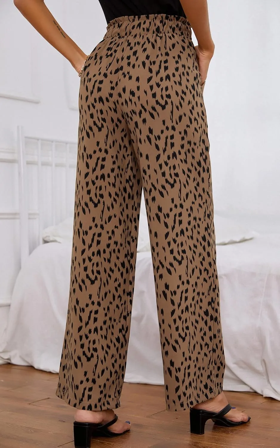 ECOWISH Palazzo Pants for Women Casual 2025 Summer Loose Baggy Wide Leg Flowy High Waisted Polka Dot Trouser with Belt Pocket