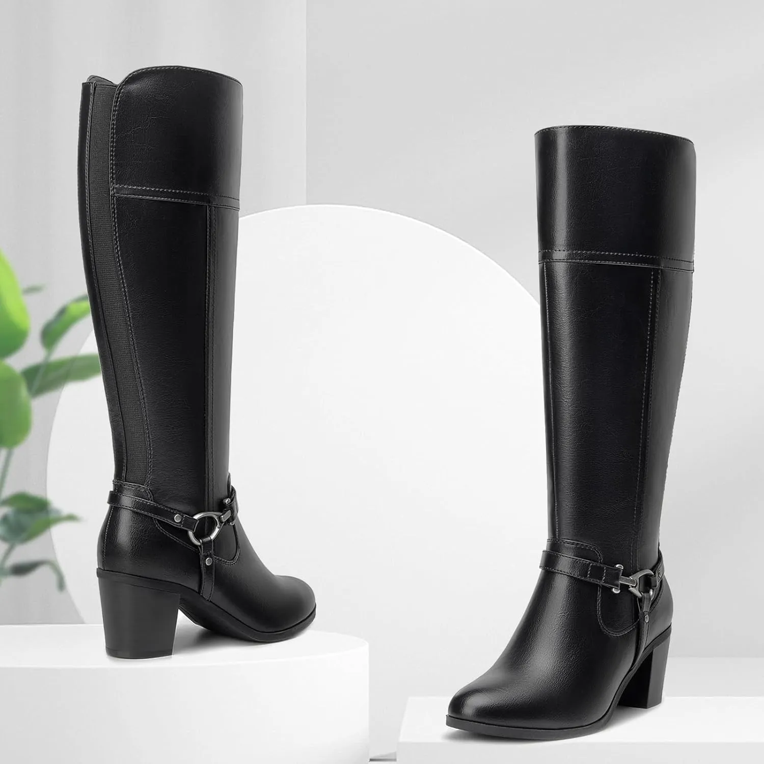 EETTARO Women's Fashion Knee High Boots Elastic Block Mid Heel Winter Boot Side Zipper Riding Boots