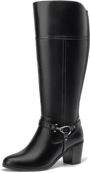 EETTARO Women's Fashion Knee High Boots Elastic Block Mid Heel Winter Boot Side Zipper Riding Boots