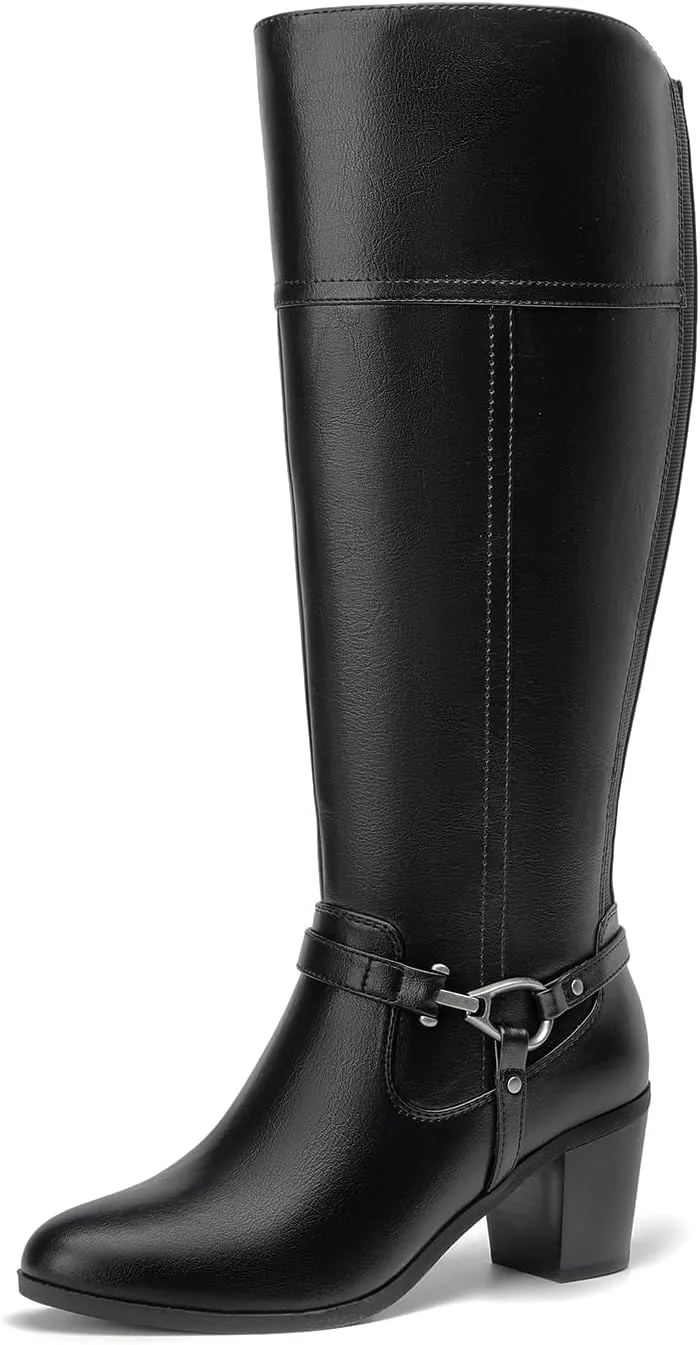 EETTARO Women's Fashion Knee High Boots Elastic Block Mid Heel Winter Boot Side Zipper Riding Boots