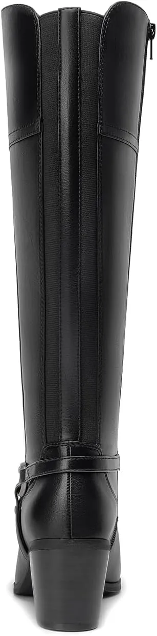 EETTARO Women's Fashion Knee High Boots Elastic Block Mid Heel Winter Boot Side Zipper Riding Boots