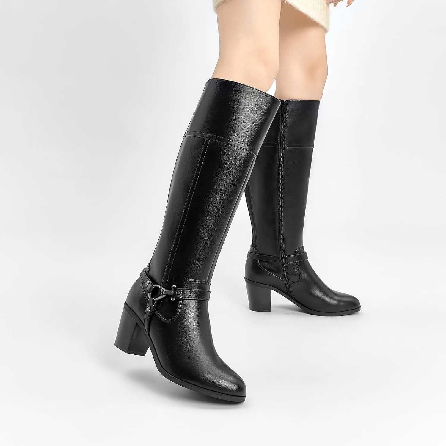 EETTARO Women's Fashion Knee High Boots Elastic Block Mid Heel Winter Boot Side Zipper Riding Boots