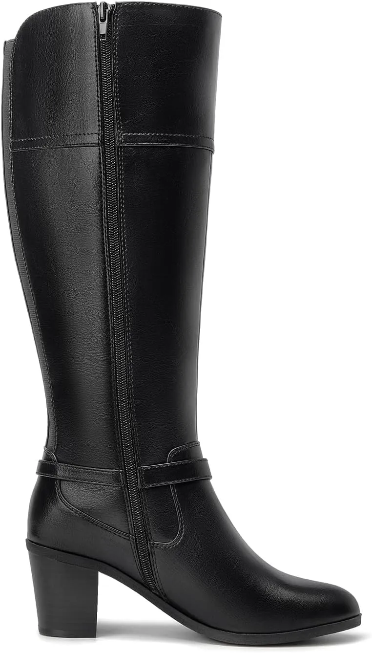 EETTARO Women's Fashion Knee High Boots Elastic Block Mid Heel Winter Boot Side Zipper Riding Boots