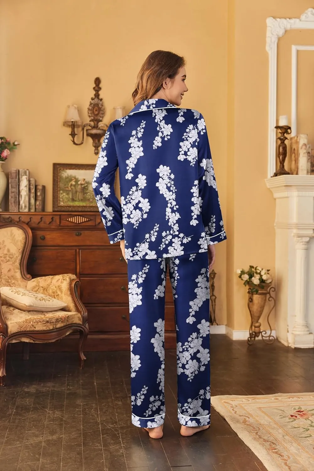 Ekouaer Women's Classic Button Down Long Satin Silk Pajama Set