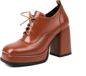 Elbslutt Women's Chunky Heel Platform Ankle Oxford Booties Brogues Lace Up Wingtip Oxfords Square Toe Vintage Chunky Heel Saddle Pumps Shoes High Heeled Booties Dress Shoes