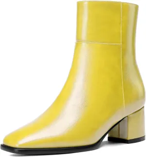 Eldof Low Block Heel Ankle Boots Women's Square Toe Chunky Heel Short Boots Side Zipper Heeled Chelsea Boots