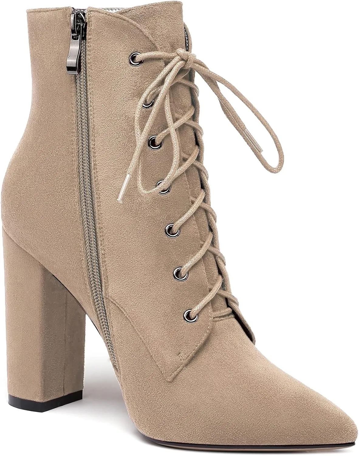 Eldof Women's Chunky Block 4 Inch High Heel Ankle Booties Pointed Toe Lace Up Side Zipper Chic Boots