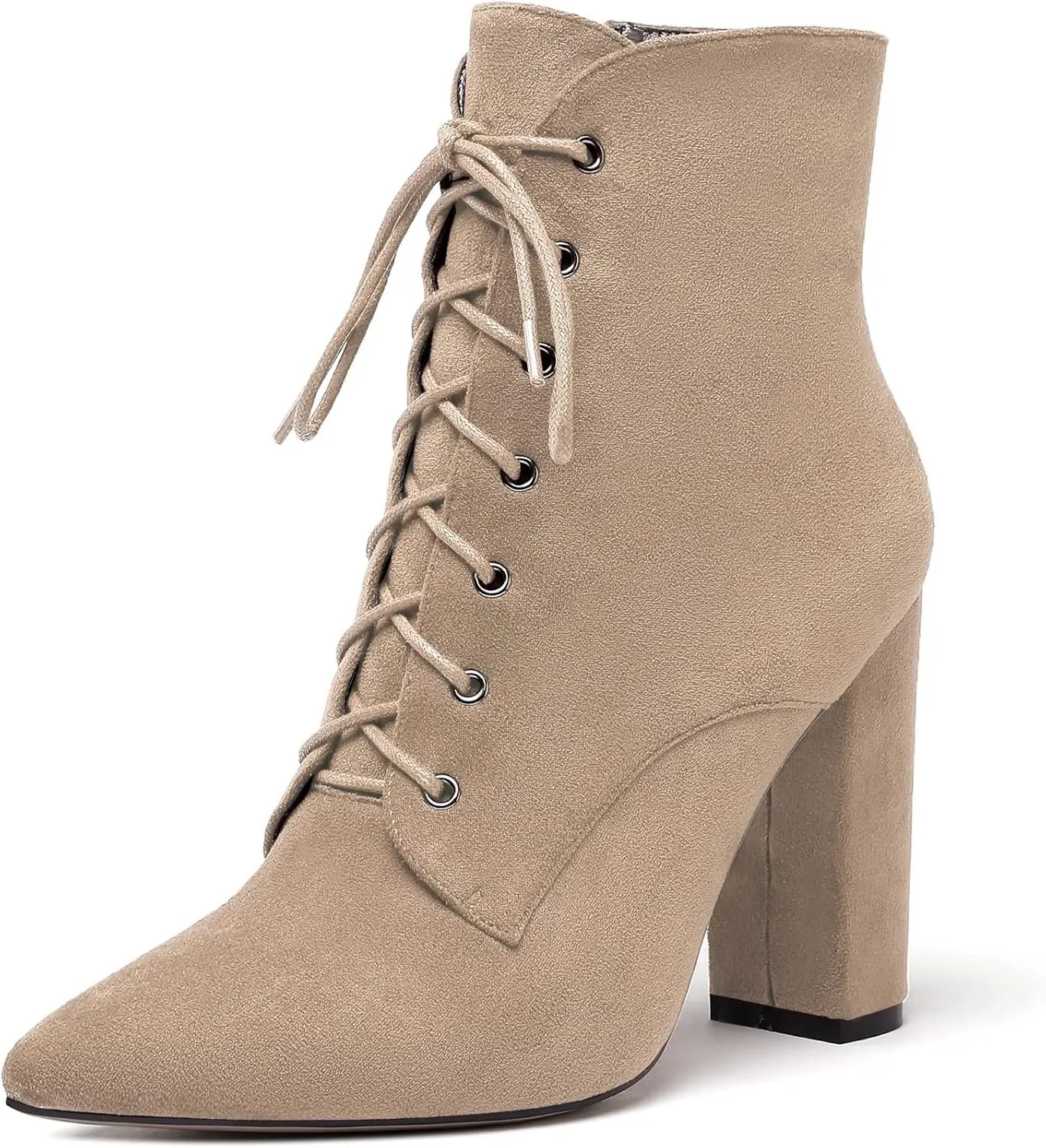 Eldof Women's Chunky Block 4 Inch High Heel Ankle Booties Pointed Toe Lace Up Side Zipper Chic Boots