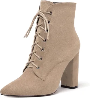 Eldof Women's Chunky Block 4 Inch High Heel Ankle Booties Pointed Toe Lace Up Side Zipper Chic Boots