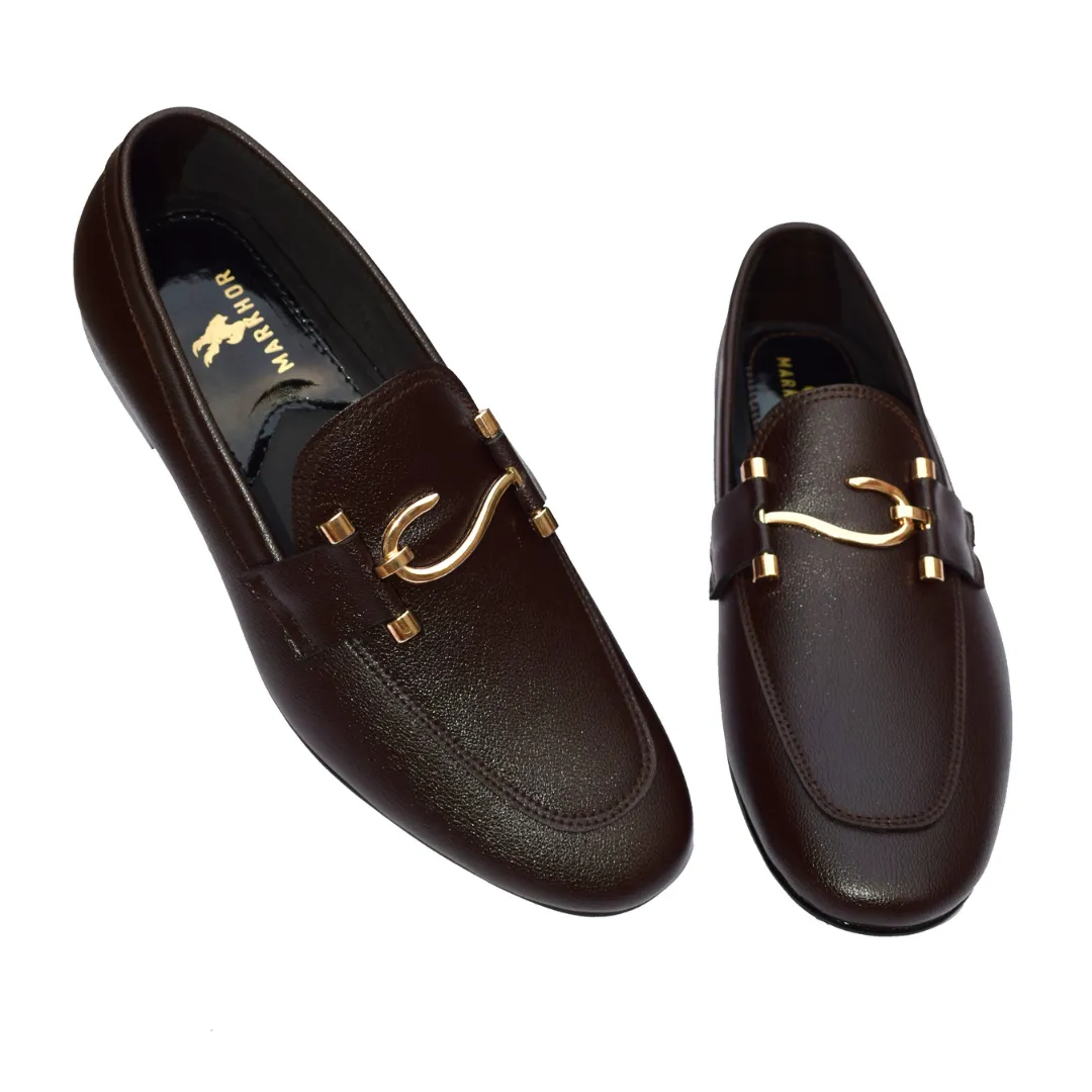 Elegant Brown Formal Slip-On Shoes with Gold Accent MR363