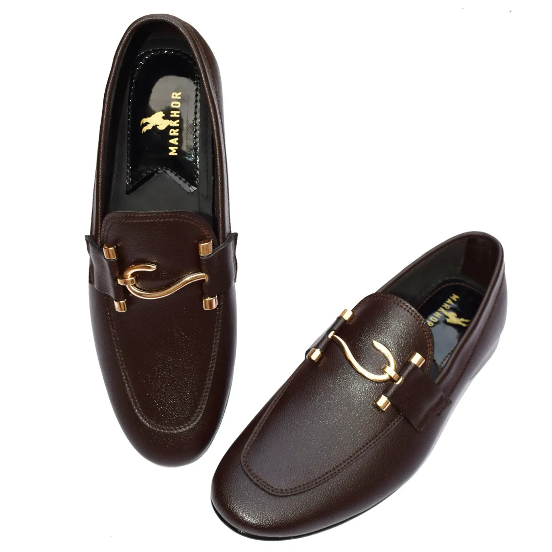 Elegant Brown Formal Slip-On Shoes with Gold Accent MR363