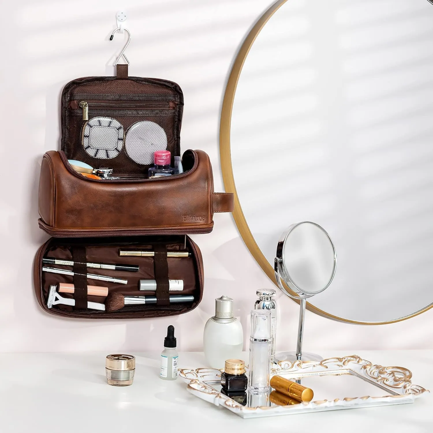 Elviros Toiletry Bag for Mens PU Leather Travel Organizer Kit with Hanging hook, Large Water-resistant Toiletries Bathroom Shaving Bags (Dark Brown)